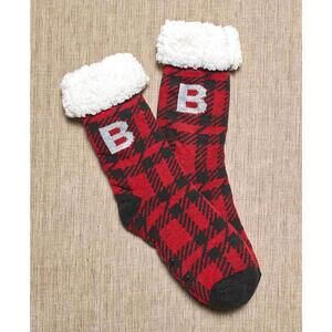 Women’s Red Plaid Christmas Slipper Socks with Initial Monogram - B
